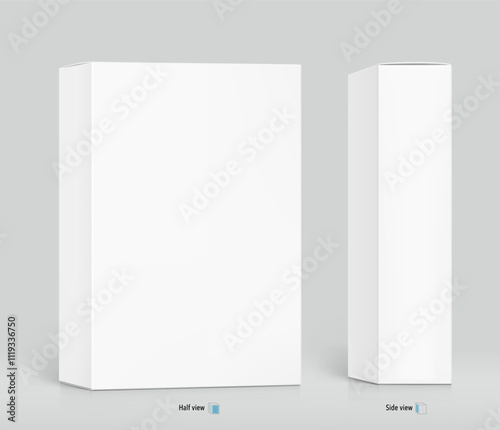Realistic white closed paperboard box mockup. Half and side views. Vector illustration isolated on grey background. Taking your 2D designs into 3D. Can be use for medicine, food, cosmetic. EPS10.