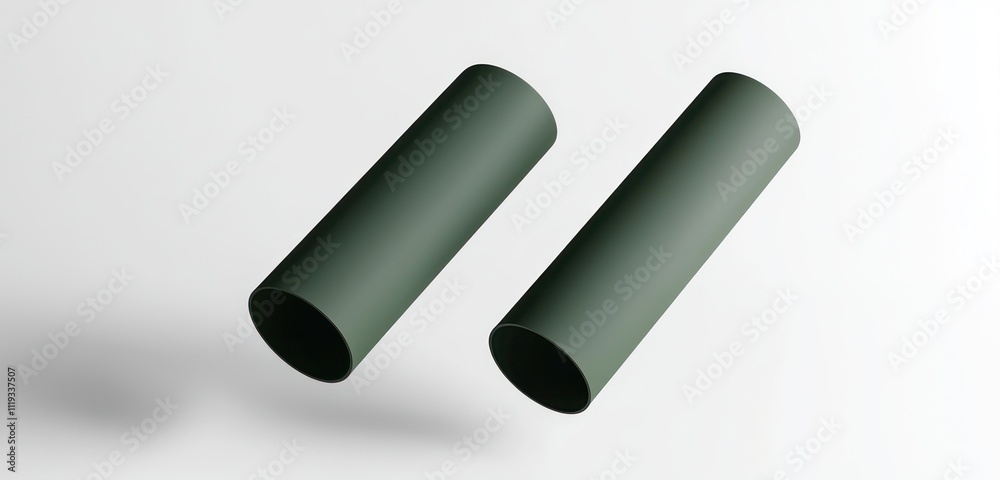 Two deep green paper tube mockups, elegantly arranged in the air against a white background. Two deep green paper tube mockups, elegantly arranged in the air against a white background.