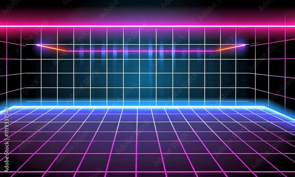 Retro Futuristic Neon Grid Room: 80s Synthwave Vibe Digital Art