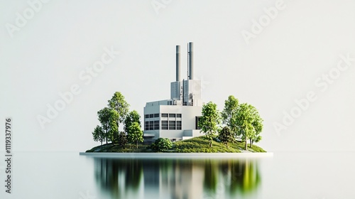 Modern industrial factory on a small green island in calm water, reflecting in the water. Generative ai