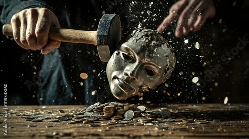 A powerful image of a hammer smashing a human-like mask, coins scattering across the table. This evocative scene represents concepts like identity, wealth, or loss. AI generated. photo