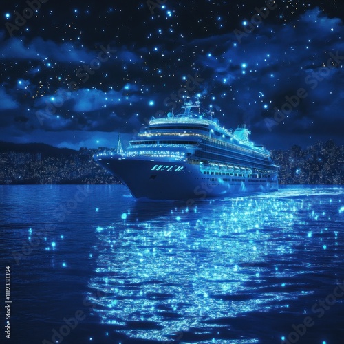 A luminous cruise ship sailing through a starry night on a shimmering sea.