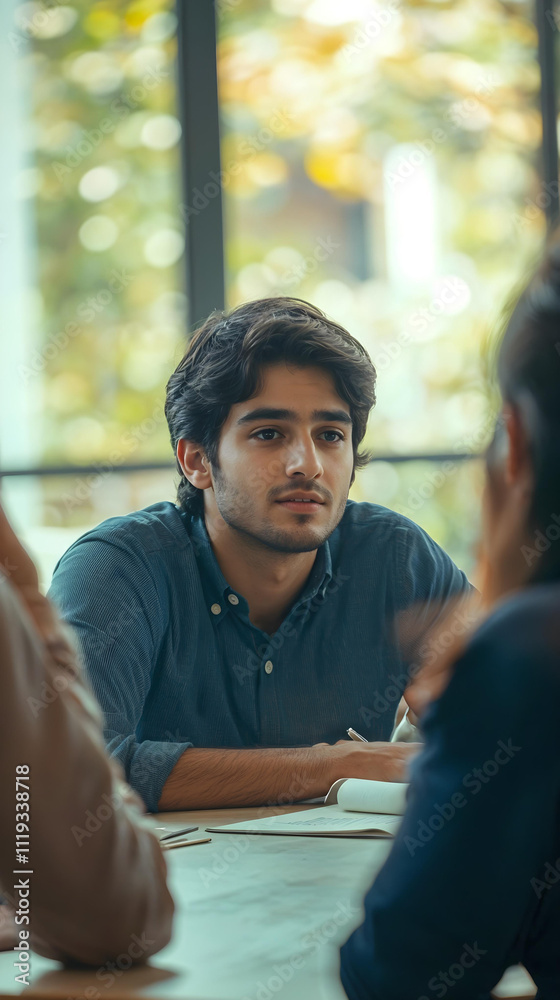 Thoughtful Indian Student Engaging in a Group Discussion in a Modern Setting generative ai Thoughtful Indian Student Engaging in a Group Discussion in a Modern Setting generative ai