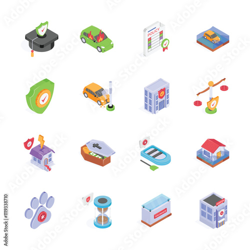 This set of isometric icons visually represents different aspects of insurance coverage