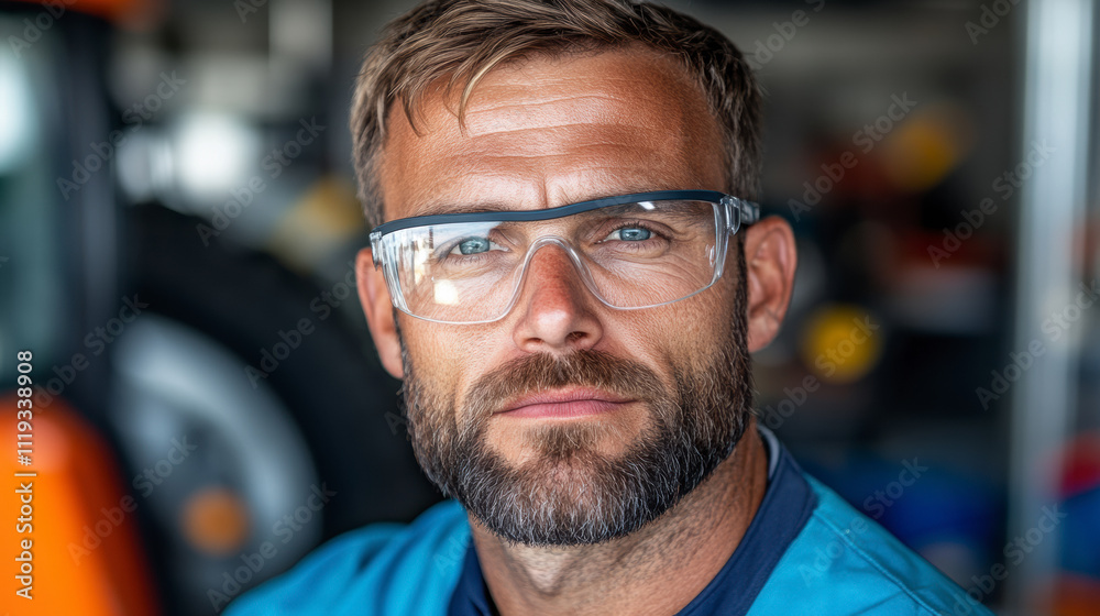 Obraz premium Skilled Tradesman With Glasses and Beard in Workshop Environment Showcasing Focus and Determination During Work Hours