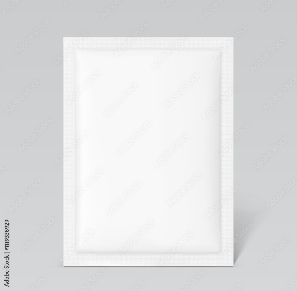 Sachet mockup. Hyper realistic. Vector illustration isolated on grey background. Flat lay view. Packaging for cosmetic, food, pet. Ready for your design. EPS10 Sachet mockup. Hyper realistic. Vector illustration isolated on grey background. Flat lay view. Packaging for cosmetic, food, pet. Ready for your design. EPS10