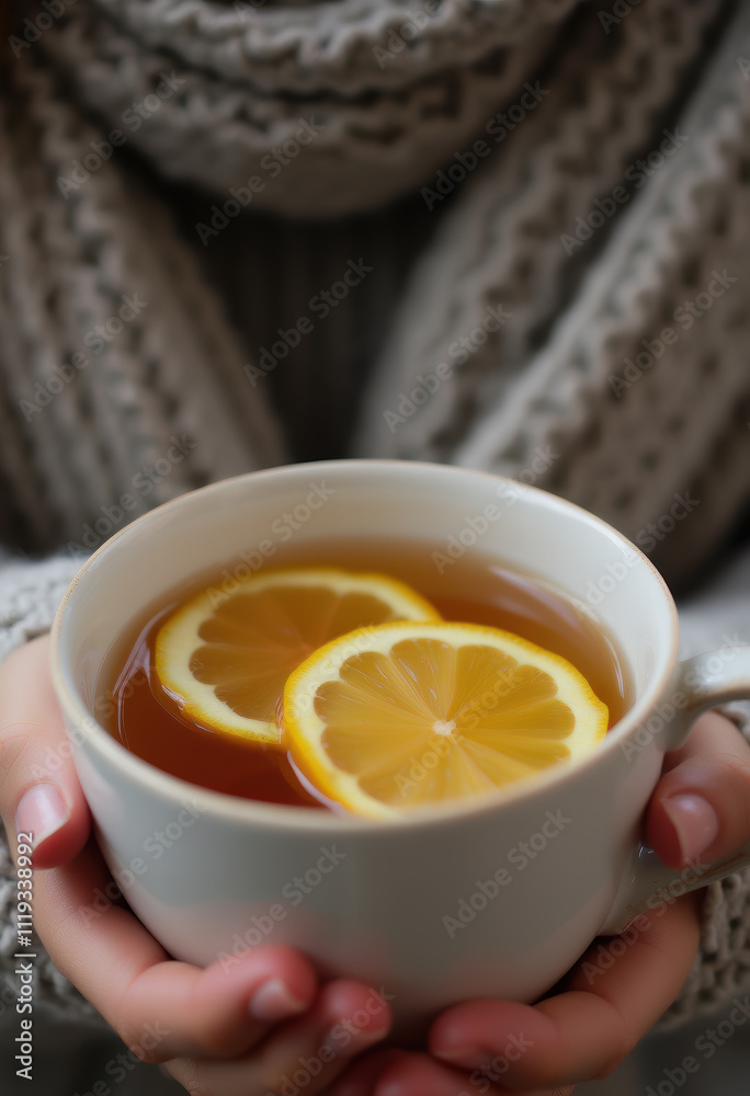 Warm cup of tea with lemon held by person in cozy knitted sweater Warm cup of tea with lemon held by person in cozy knitted sweater