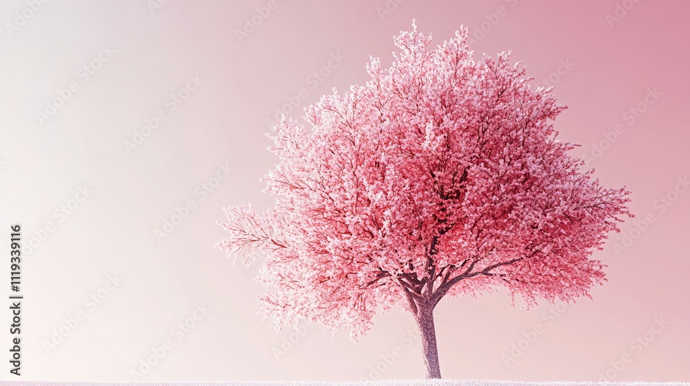 Obraz premium Pink tree covered in frost stands alone against a soft pink sky. Generative ai