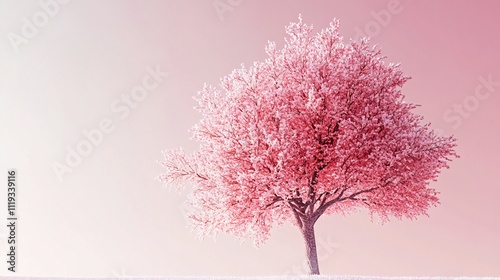 Pink tree covered in frost stands alone against a soft pink sky. Generative ai