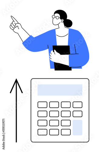 Businesswoman gesturing upward while holding a folder, large calculator with upward arrow. Ideal for financial analysis, business growth, accounting services, financial planning, corporate training