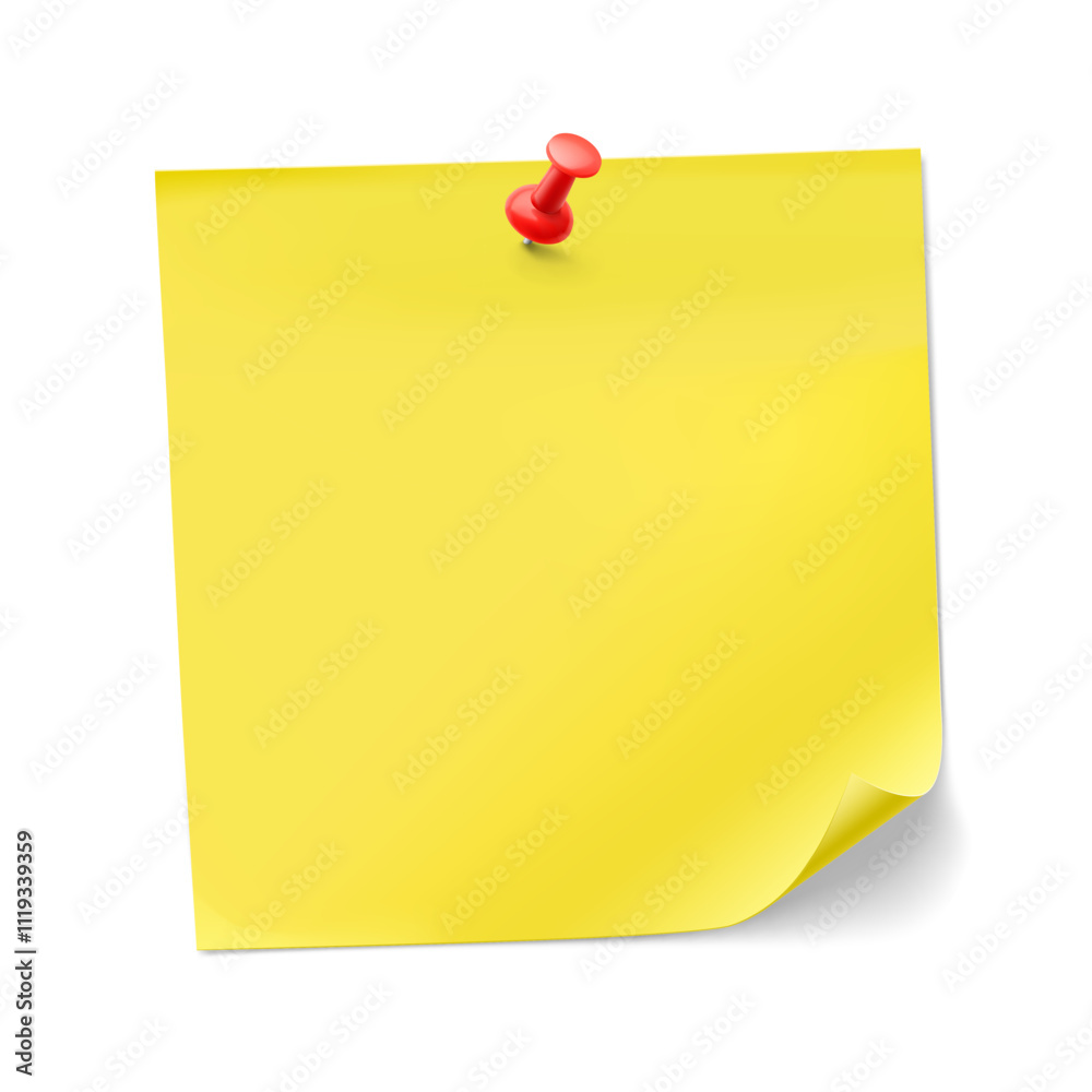 Yellow realistic stick note paper with red push pin mockup. Vector illustration isolated on white background. Ready for your design. EPS10. Yellow realistic stick note paper with red push pin mockup. Vector illustration isolated on white background. Ready for your design. EPS10.