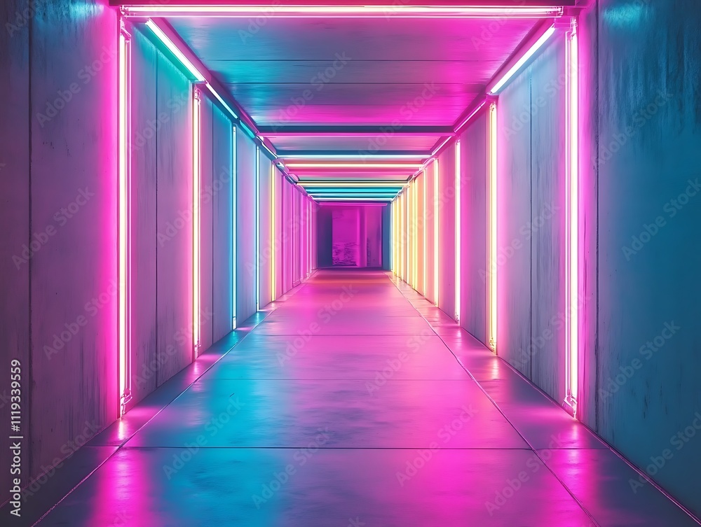 Futuristic corridor with neon lights and reflective floor. 3D Rendering, Generative Ai