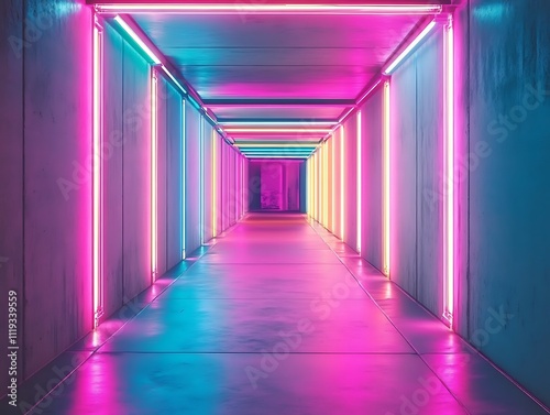 Futuristic corridor with neon lights and reflective floor. 3D Rendering, Generative Ai