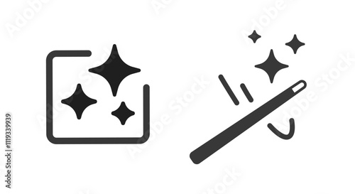 Magic wand wave icon, ai generation sign, filter enhance ui interface tool element simple graphic line stroke pictogram illustration set, improve refine wizard logo silhouette image clip art
