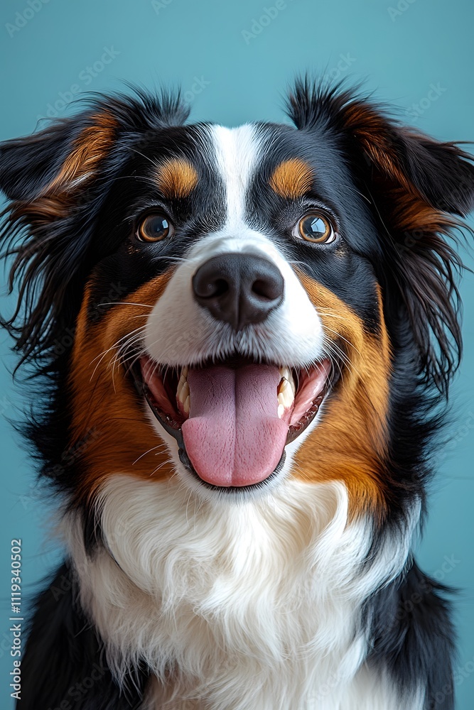 Happy dog looks funny Looking up at the sky with tongue out and mouth open on a light blue background. There is copy space. You can add interesting messages to attract the attention of pet lovers. Happy dog looks funny Looking up at the sky with tongue out and mouth open on a light blue background. There is copy space. You can add interesting messages to attract the attention of pet lovers.