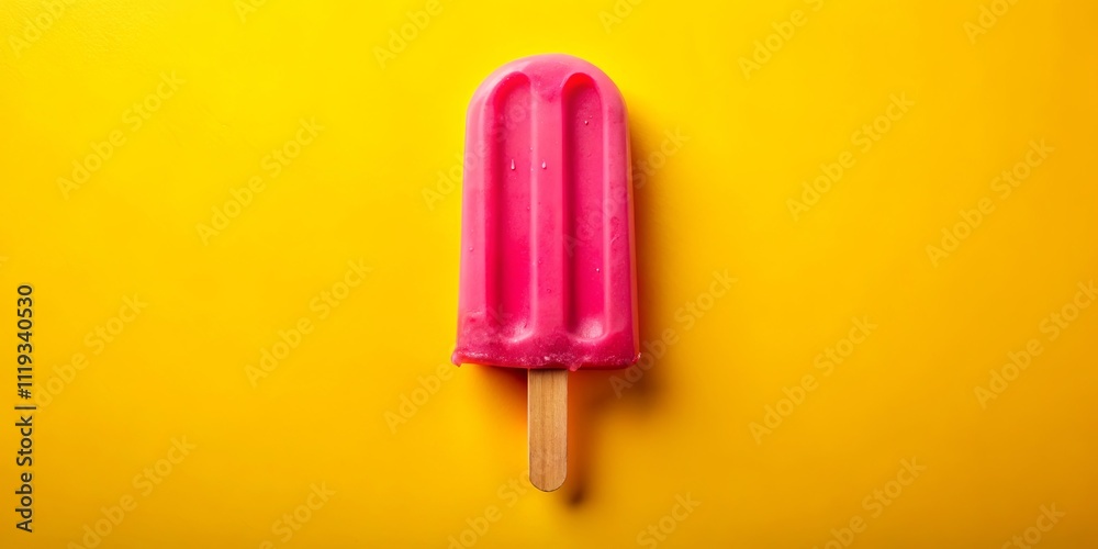 A vibrant pink popsicle on a sunny yellow background, a refreshing summer treat A vibrant pink popsicle on a sunny yellow background, a refreshing summer treat