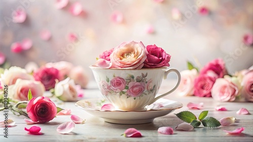 Delicate Pink Roses in a Vintage Teacup on a White Wooden Table