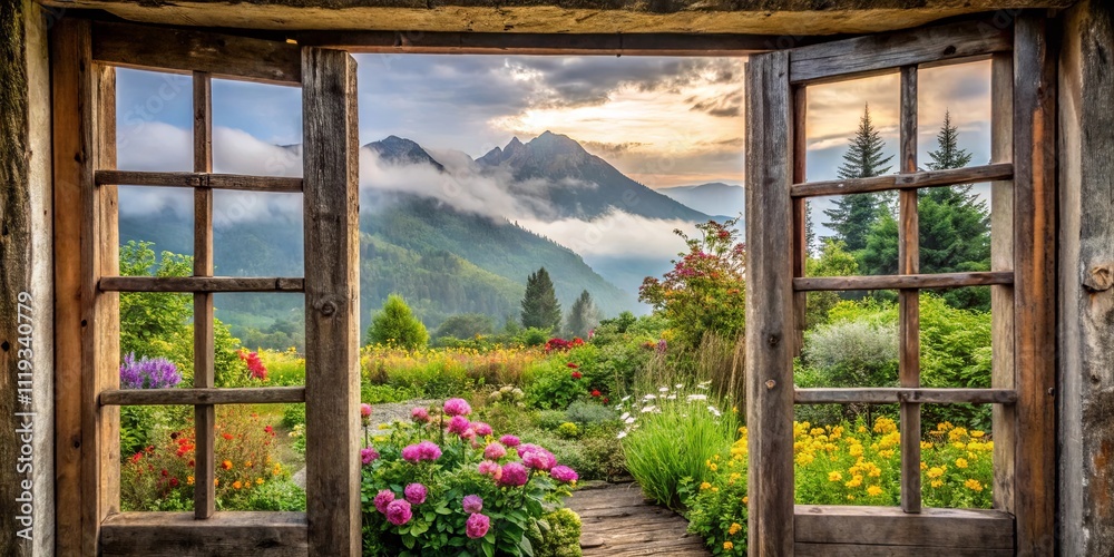 Fototapeta premium A Rustic Wooden Window Frame Reveals a Breathtaking Panorama of a Vibrant Garden and Misty Mountain Peaks at Sunrise