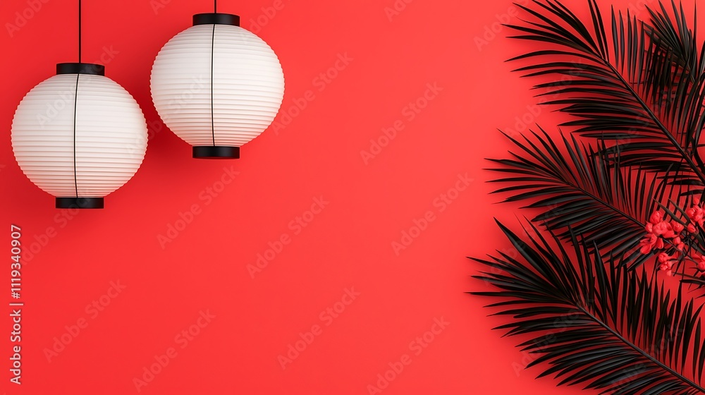 Obraz premium Two elegant lanterns hang against a vibrant red wall, complemented by dark green palm leaves, creating a striking visual contrast.