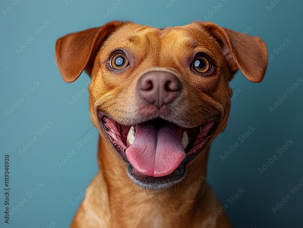 Happy dog looks funny Looking up at the sky with tongue out and mouth open on a light blue background. There is copy space. You can add interesting messages to attract the attention of pet lovers. Happy dog looks funny Looking up at the sky with tongue out and mouth open on a light blue background. There is copy space. You can add interesting messages to attract the attention of pet lovers.