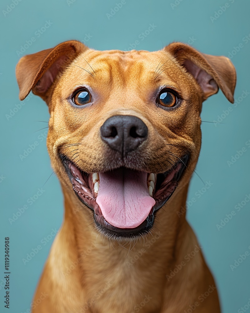 Happy dog looks funny Looking up at the sky with tongue out and mouth open on a light blue background. There is copy space. You can add interesting messages to attract the attention of pet lovers. Happy dog looks funny Looking up at the sky with tongue out and mouth open on a light blue background. There is copy space. You can add interesting messages to attract the attention of pet lovers.