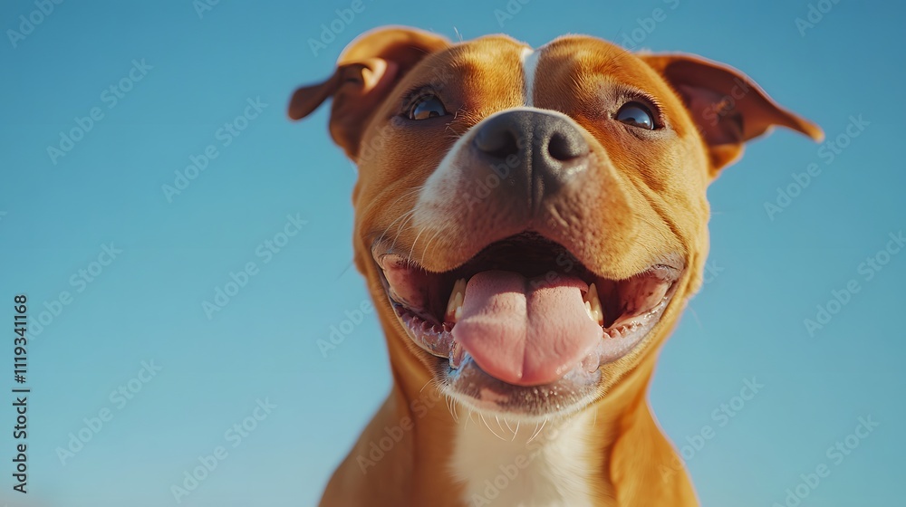 Happy dog looks funny Looking up at the sky with tongue out and mouth open on a light blue background. There is copy space. You can add interesting messages to attract the attention of pet lovers. Happy dog looks funny Looking up at the sky with tongue out and mouth open on a light blue background. There is copy space. You can add interesting messages to attract the attention of pet lovers.