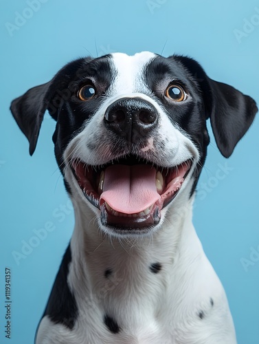 Happy dog looks funny Looking up at the sky with tongue out and mouth open on a light blue background. There is copy space. You can add interesting messages to attract the attention of pet lovers.