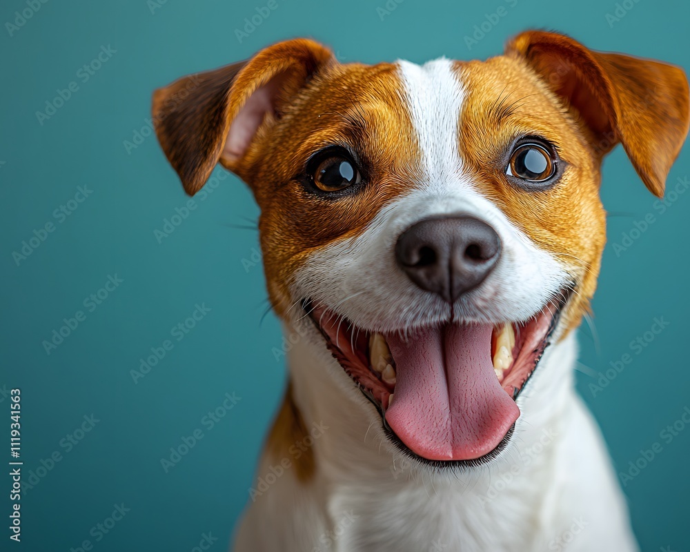 Happy dog looks funny Looking up at the sky with tongue out and mouth open on a light blue background. There is copy space. You can add interesting messages to attract the attention of pet lovers. Happy dog looks funny Looking up at the sky with tongue out and mouth open on a light blue background. There is copy space. You can add interesting messages to attract the attention of pet lovers.