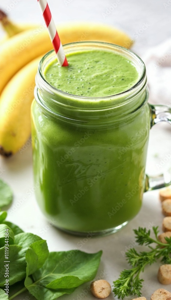 A vibrant green smoothie in a clear mason jar, surrounded by fresh ingredients like leafy spinach, ripe bananas, and juicy lime slices, all set on a rustic wooden A vibrant green smoothie in a clear mason jar, surrounded by fresh ingredients like leafy spinach, ripe bananas, and juicy lime slices, all set on a rustic wooden