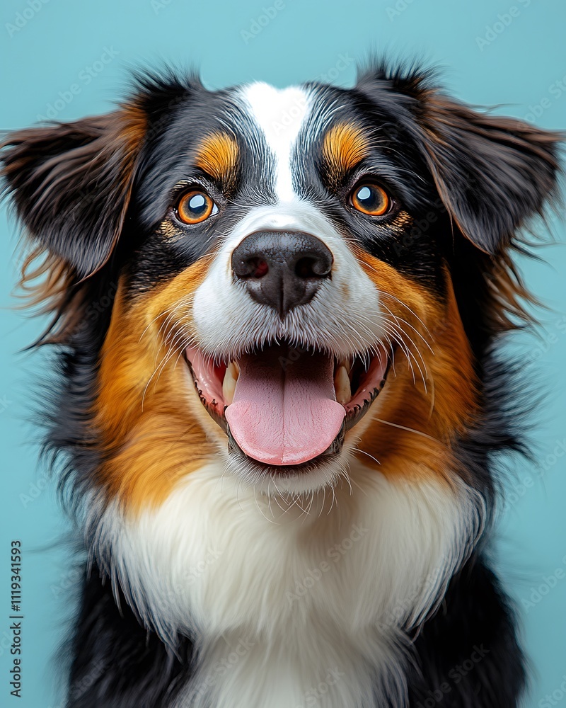 Happy dog looks funny Looking up at the sky with tongue out and mouth open on a light blue background. There is copy space. You can add interesting messages to attract the attention of pet lovers. Happy dog looks funny Looking up at the sky with tongue out and mouth open on a light blue background. There is copy space. You can add interesting messages to attract the attention of pet lovers.