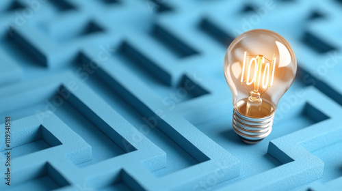 Light Bulb Placed on a Blue Maze Surface Symbolizing Creativity, Problem Solving, and Innovative Thinking Processes