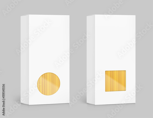 Realistic paperboard box with clear window for spaghetti mockup. Perspective view. Vector illustration isolated on grey background. Can be use for pasta food. Ready for your design. EPS10.