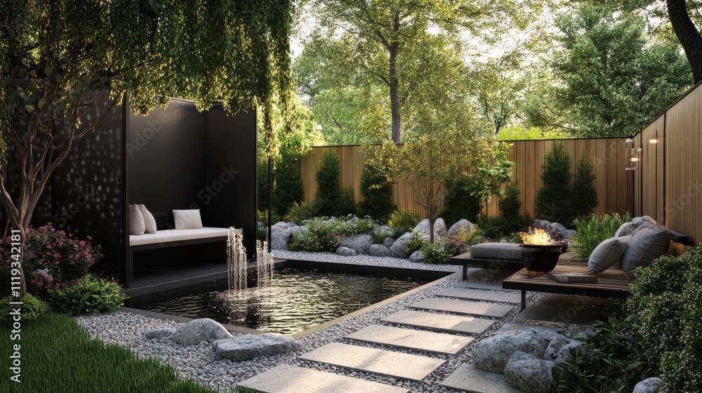 A small modern patio garden with contrasting black and white accents, warm wooden seating, and a reflecting water feature A small modern patio garden with contrasting black and white accents, warm wooden seating, and a reflecting water feature