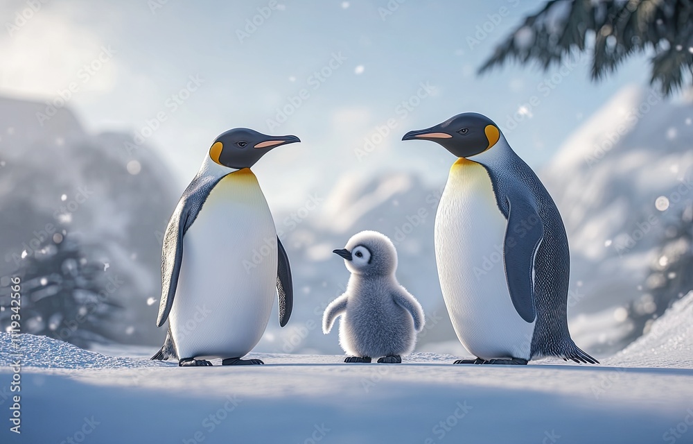 Fototapeta premium A family of emperor penguins, two adults and one baby, in the snow