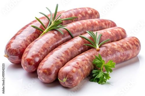 Raw Pork Sausages BBQ, Fresh Uncooked Meat, Isolated White Background, Clipping Path, Food Photography