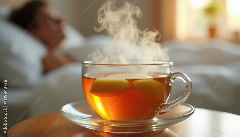 Steaming cup of lemon tea in cozy bedroom setting with blurred male figure in background Steaming cup of lemon tea in cozy bedroom setting with blurred male figure in background