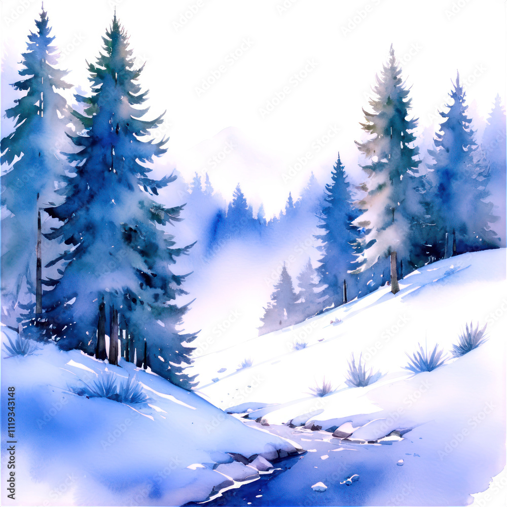 Fototapeta premium A serene winter landscape featuring snow-covered trees and a gentle stream.