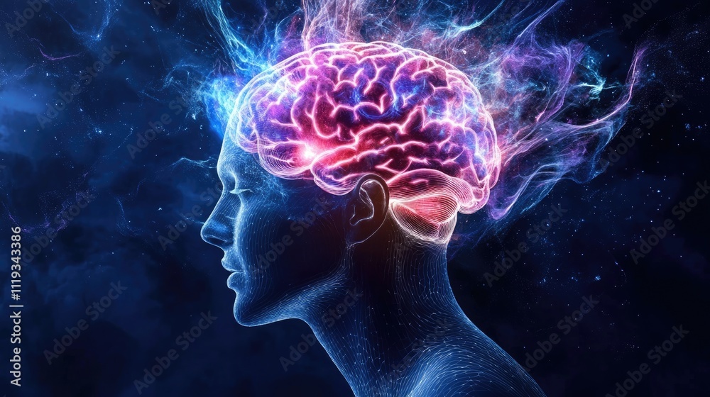 Futuristic Digital Illustration of a Human Brain with Vibrant Neural Connections and Energy Waves