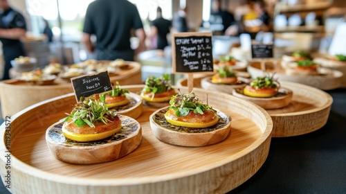 Gourmet Appetizers on Wooden Trays in Modern Restaurant Setting