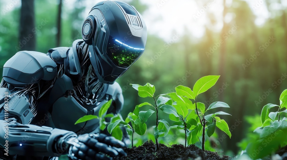 Futuristic Robot Tending to Young Plants in a Lush Green Garden with Sunlight Filtering Through Trees Futuristic Robot Tending to Young Plants in a Lush Green Garden with Sunlight Filtering Through Trees