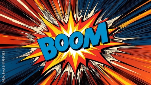 In vibrant colors, a comic-style explosion features boom text