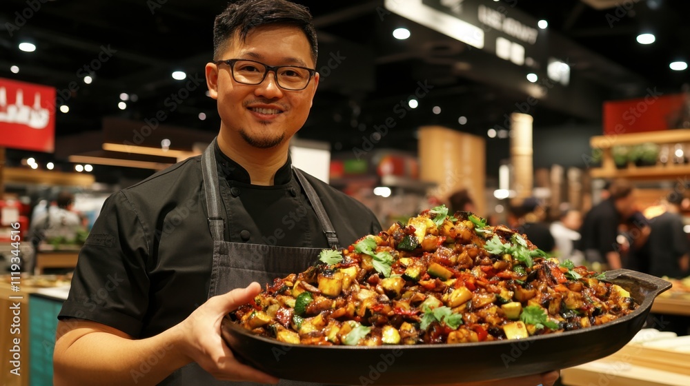 Chef Holding Large Dish of Colorful Vegetable Medley in Kitchen Chef Holding Large Dish of Colorful Vegetable Medley in Kitchen