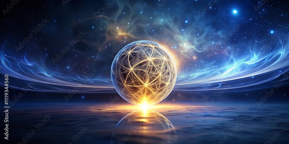 Obraz premium Celestial Orb A luminous sphere of interconnected energy suspended above a tranquil, ethereal landscape, reflecting the vastness of the cosmos.