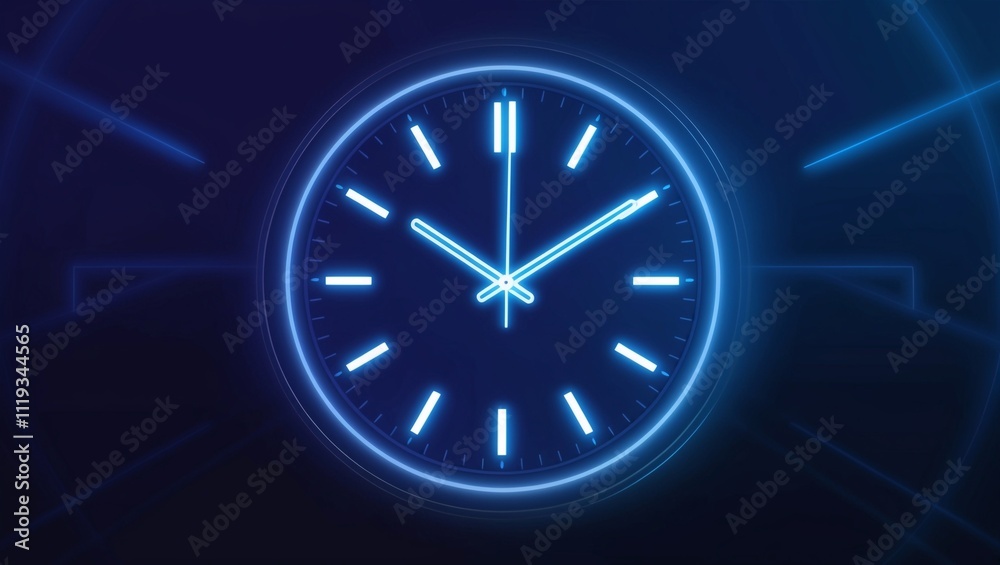 Digital futuristic clock light effect. Glowing clock silhouette. Modern illustration of laser blue neon clock. Digital futuristic clock light effect. Glowing clock silhouette. Modern illustration of laser blue neon clock.