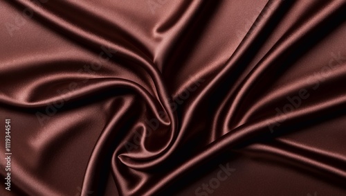 Beautiful chocolate brown silk background. Luxury elegant smooth silk satin material with soft draperies and wavy folds. Top view