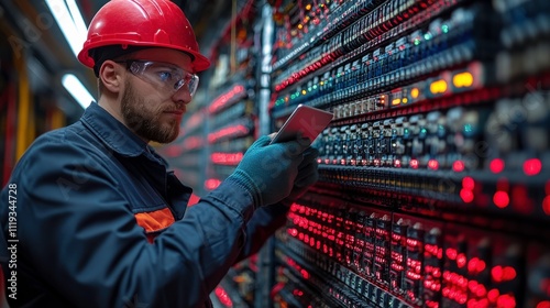 A technician checks equipment on a control panel in an industrial setting.
