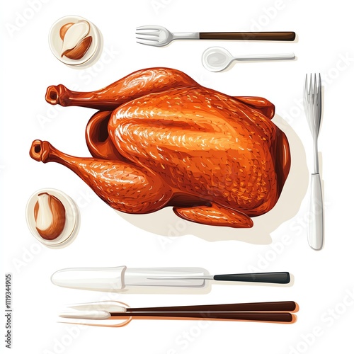 Roast turkey with cutlery and gravy on plate.