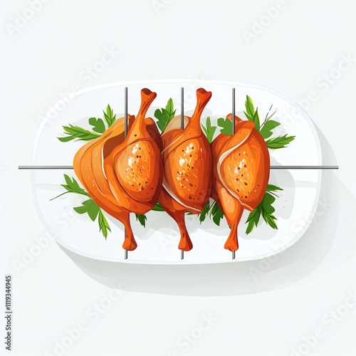 Roasted chicken on platter with herbs.
