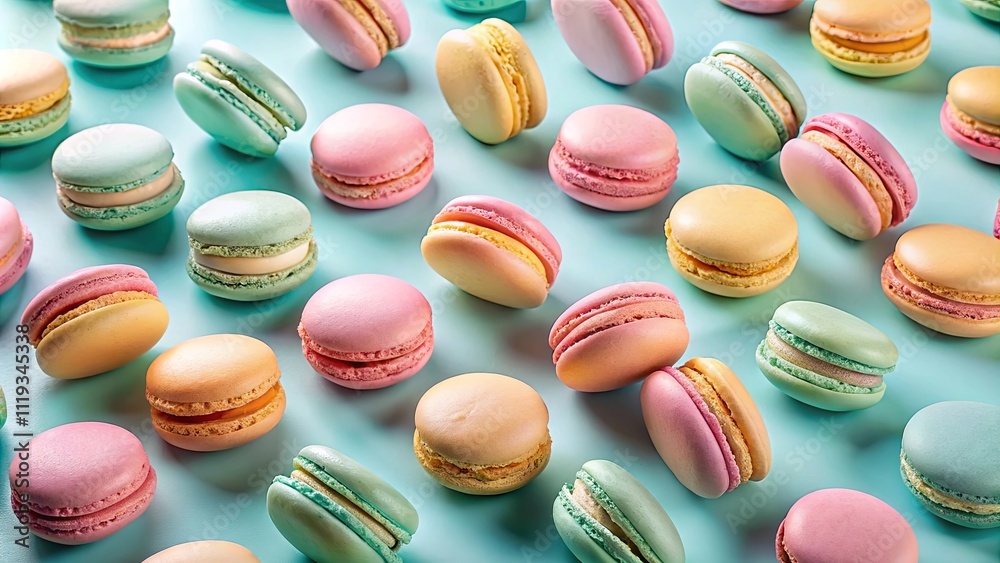 Pastel-colored macarons arranged in rows on a light blue background, showcasing their delicate texture and vibrant colors, a delightful confectionery display. Pastel-colored macarons arranged in rows on a light blue background, showcasing their delicate texture and vibrant colors, a delightful confectionery display.