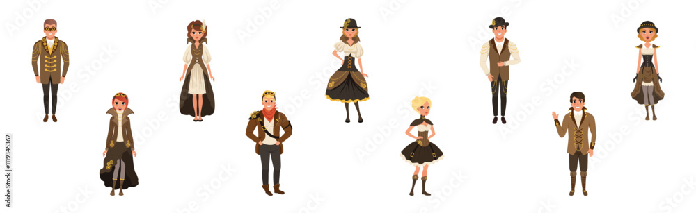 People Wearing Retro Stylish Steampunk Outfit Vector Set People Wearing Retro Stylish Steampunk Outfit Vector Set